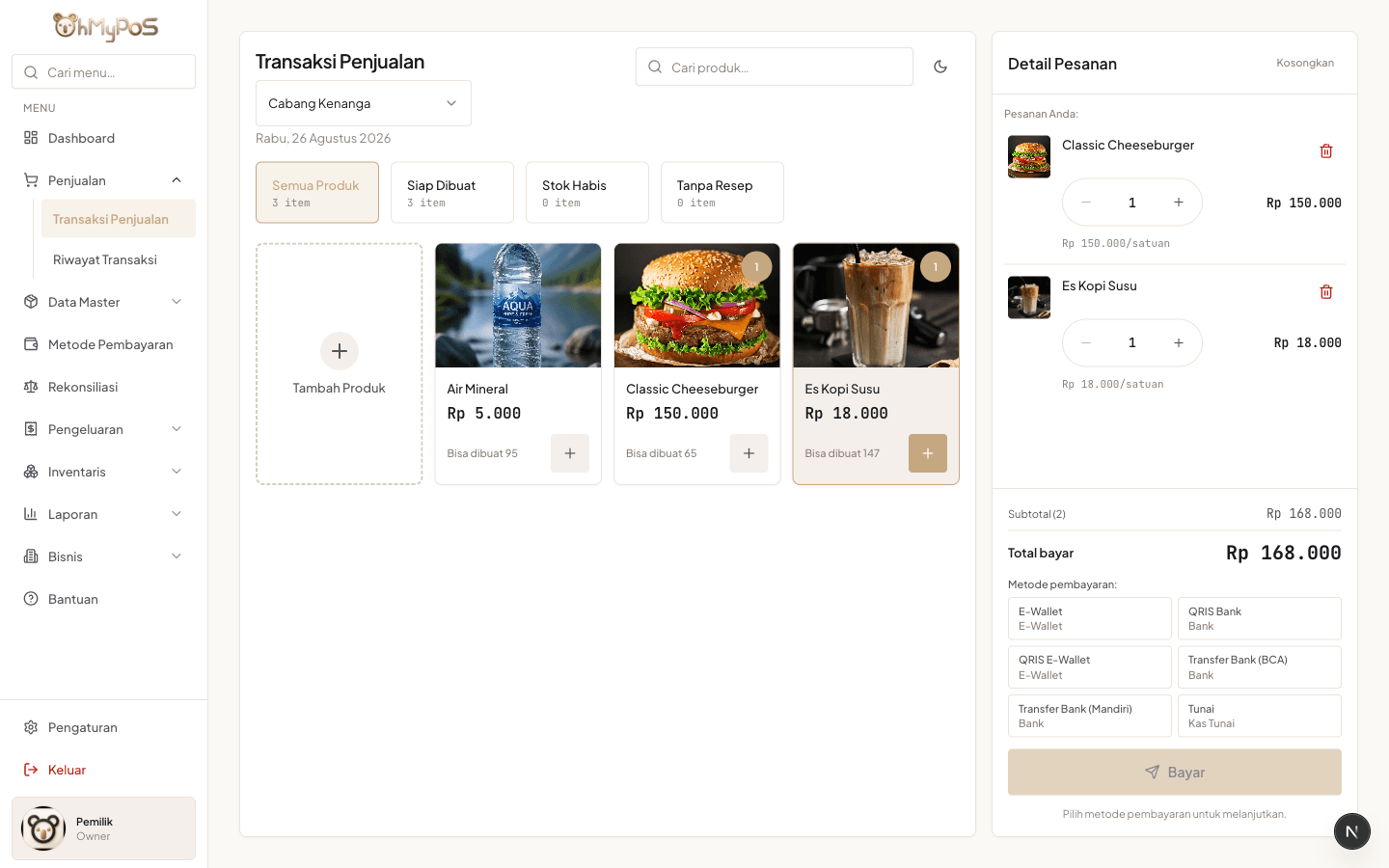 OhMyPos cashier interface showing branch selection, product cards, an active two-item order, and payment-method controls.